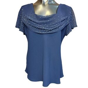 Womens 18 Grannycore Navy Beaded Sparkle Wrap Blouse Top Casual Work Office
